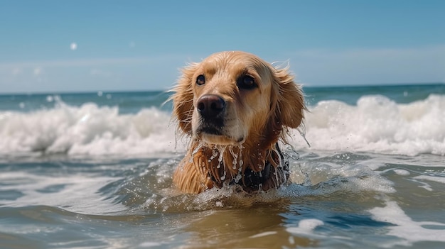 Dog closeup in sea waves AI generated