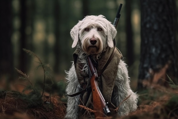 A dog in the clothes of a hunter with a gun hunting in the forest the concept of hunting with dogs generative ai