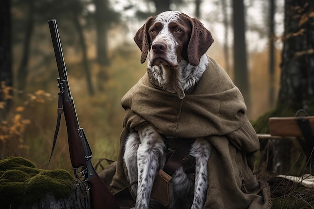 森の中で銃を持ったハンターの服を着た犬が狩りをする、犬との狩猟の概念生成AI