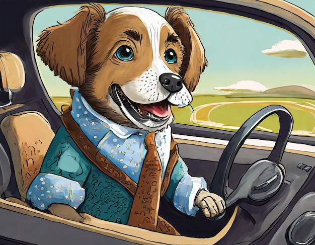 a dog in clothes is driving a car humor joke