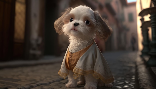 A dog in a coat sits on a cobblestone street.