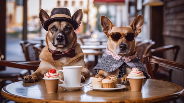 Dog and cold sweet ice cream summer vacation travel cooling Two dogs in a cafe on the street generated ai