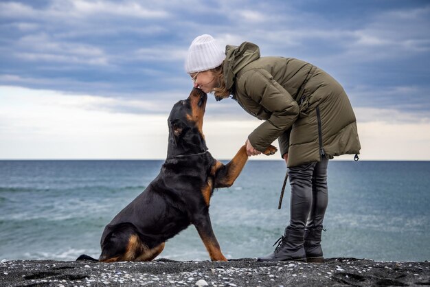 A dog in a collar sits on the beach and gives a paw to a woman in cold weather