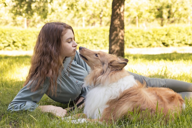 Dog collie licks girl's face, love for pet dogs