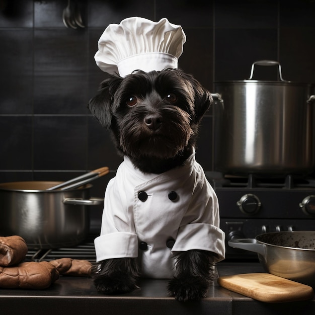 パン屋の服を着た幸せな黒い犬が料理をしている