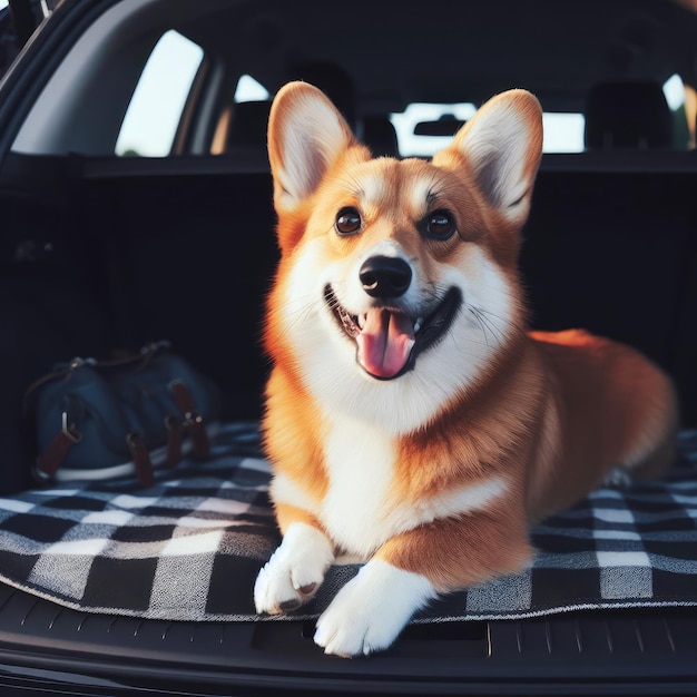 犬のコーギーが車に乗っている