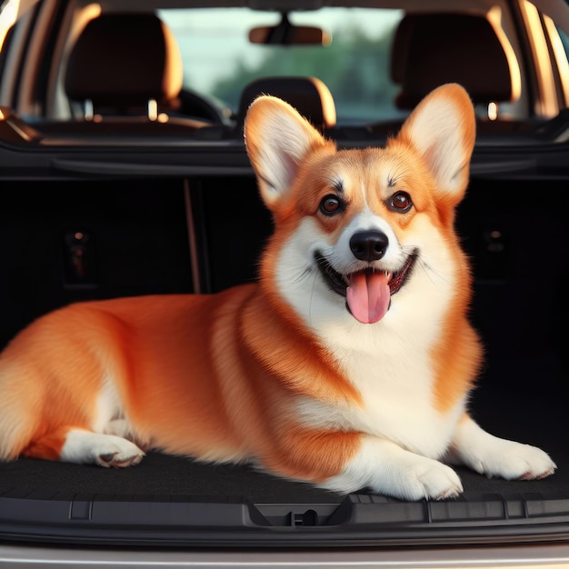 犬のコーギーが車に乗っている