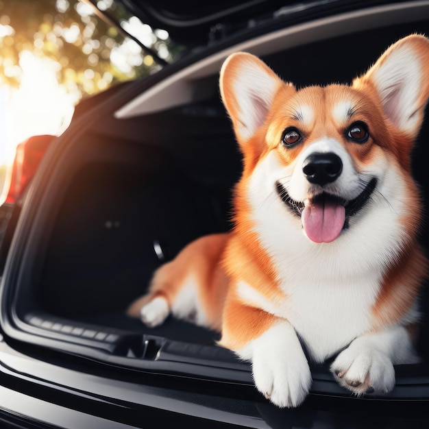 dog corgi in a car