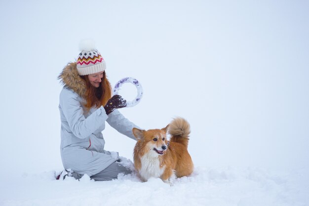 Dog corgi fluffy and his owner playing on a winter walk at the outdoor