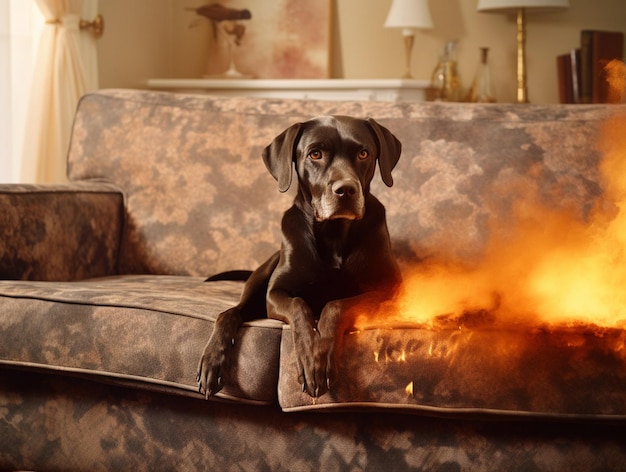 A dog on a couch with a fire on it