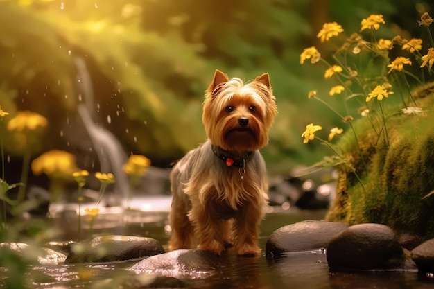 Собака в крокосовых цветах, домашнее животное в природе на открытом воздухе, йоркширский терьер, сидящий в траве весной.