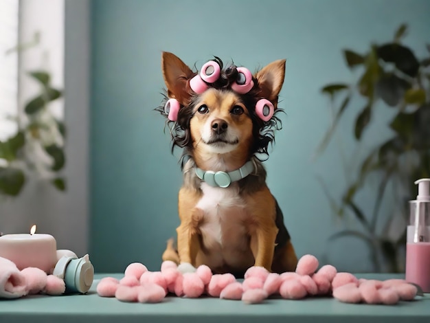 Dog in curlers grooming spa salon concept