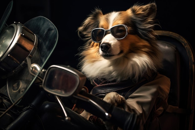 Dog cute riding on a motorcycle with sunglasses Generative AI