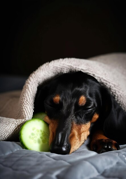 Photo dog dachshund black and tan relaxed from spa procedures on face with cucumber cov generative ai