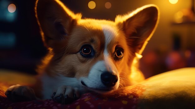 A dog in a dark room with a lit up background