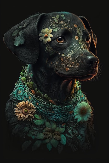 黒い背景に花で飾られた犬