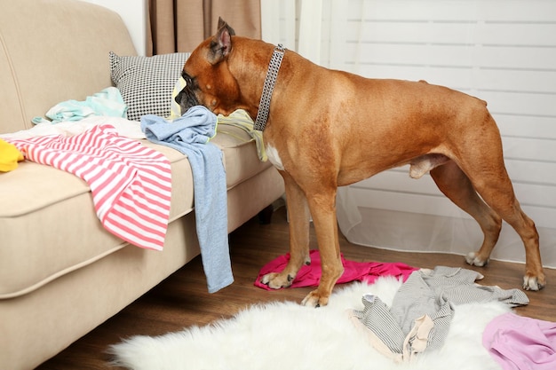 Dog demolishes clothes in messy room