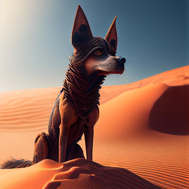 Dog in the desert 3d rendering Computer digital drawing