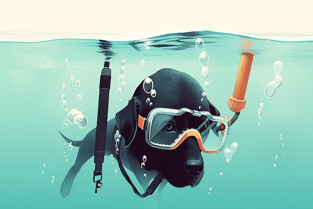 dog diving under sea cartoon illustration