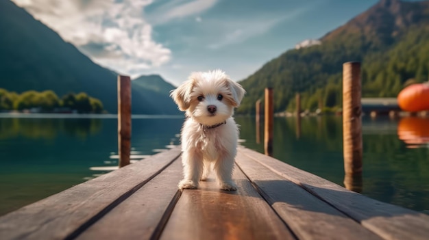 A dog on a dock in the mountains