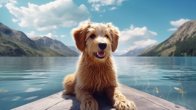 A dog on a dock with mountains in the background