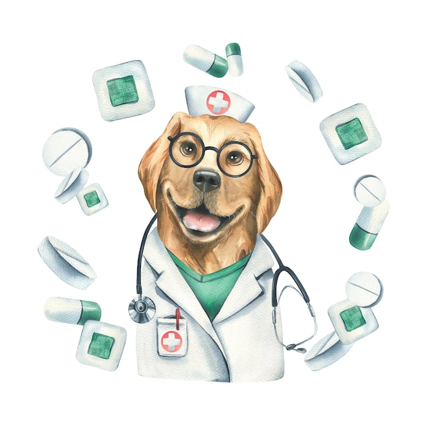 Dog doctor in glasses with a stethoscope in a medical uniform with adhesive plasters and pills Watercolor illustration hand drawn Isolated composition on a white background For clinics hospitals