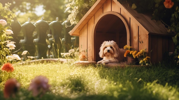 Dog in a dog house on the lawn at summer