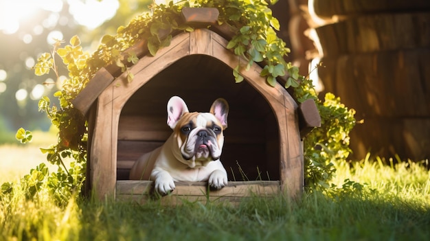 Dog in a dog house on the lawn at summer