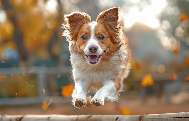 Dog on the dog playground leaps over the fence