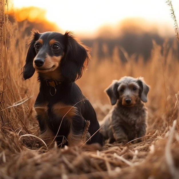 a dog and a dog sit in a field, one of which has a collar that says " rel " on it.