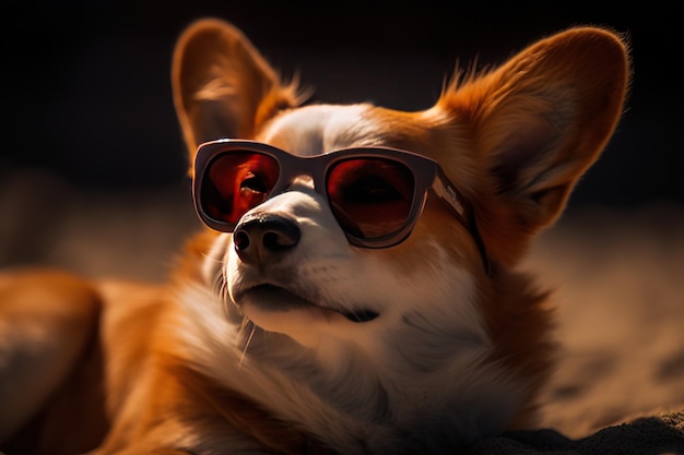 a dog donning red sunglasses and lazing about on a bed