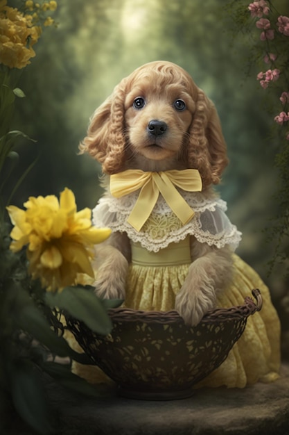 A dog in a dress is sitting in a basket.