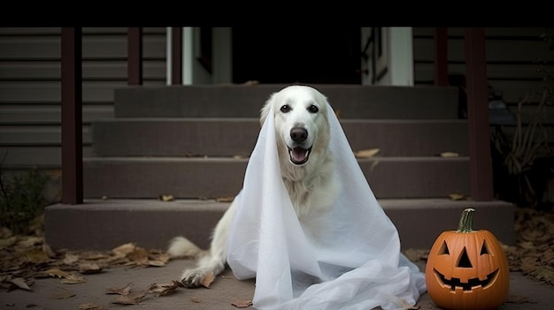 Photo a dog dressed as a ghost with a pumpkin on the ground in front of a house that has been decorated for halloween