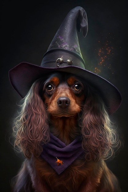 ハロウィンで魔女の仮装をした犬 面白い AI 生成コンテンツ