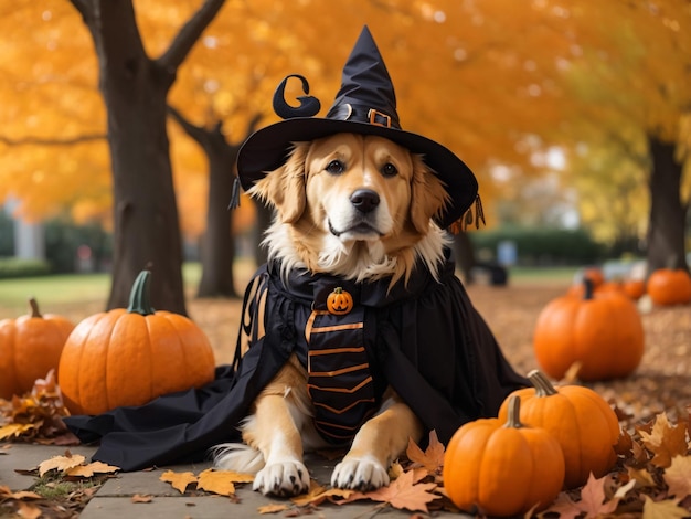 A dog dressed as a witch for halloween a golden retriever sits in a park