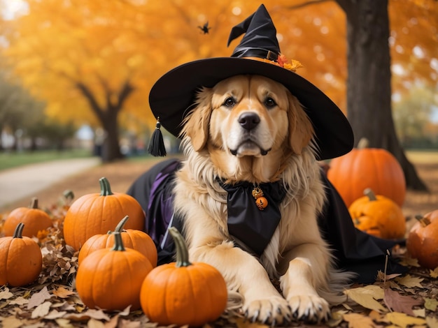 A dog dressed as a witch for halloween a golden retriever sits in a park