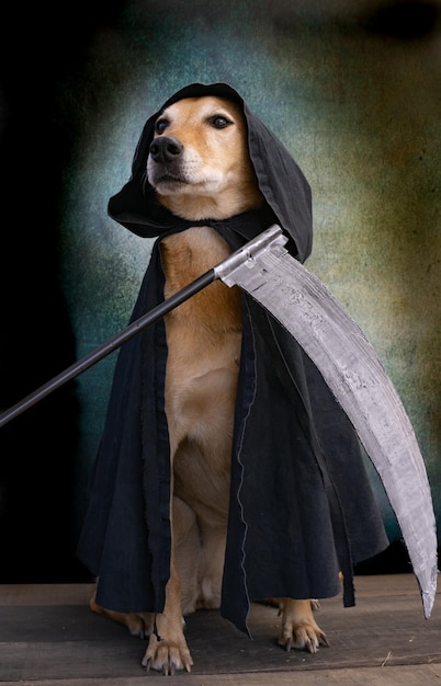 Dog dressed in black cape with hood and scythe