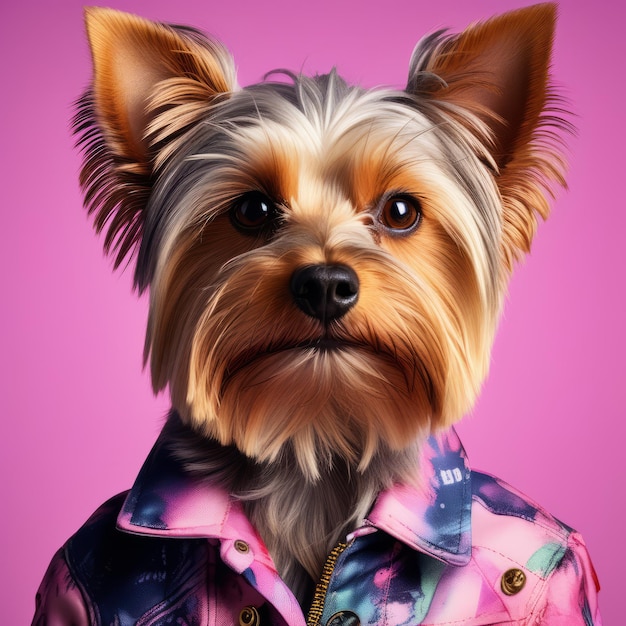 dog dressed in pink shirt with tie