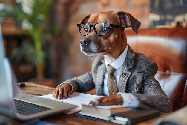 Photo dog dressed in suit working in office sitting behind bosss desk concept pets in office funny office scenes dog in suit worklife balance