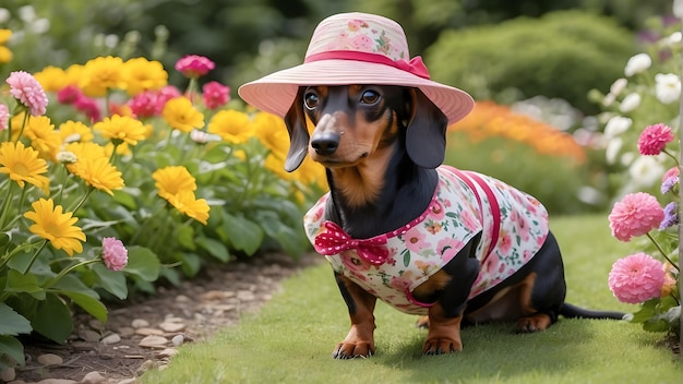 Photo dog dressed for summer in a hawaii frock and hat with sunglasses dog dressed as a rapper dog