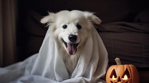 Собака в костюме призрака для ежегодного мероприятия Хэллоуина Западной христианской церкви 27 октября 2019 года