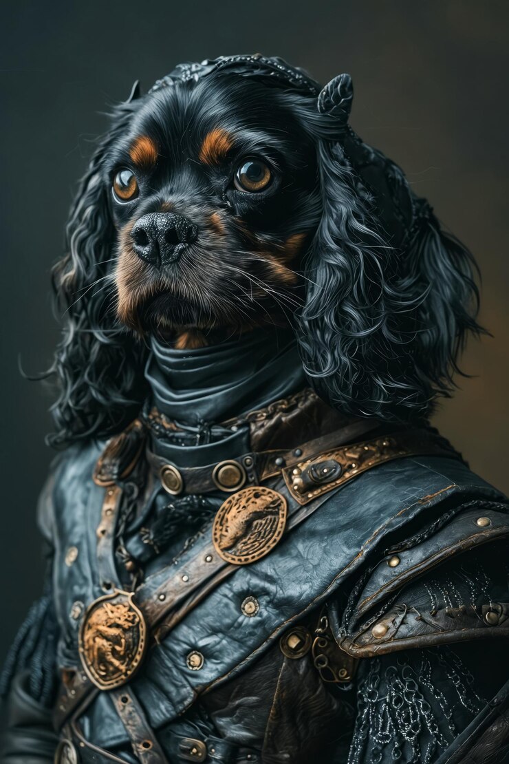Photo a dog dressed up as a knight in a leather outfit