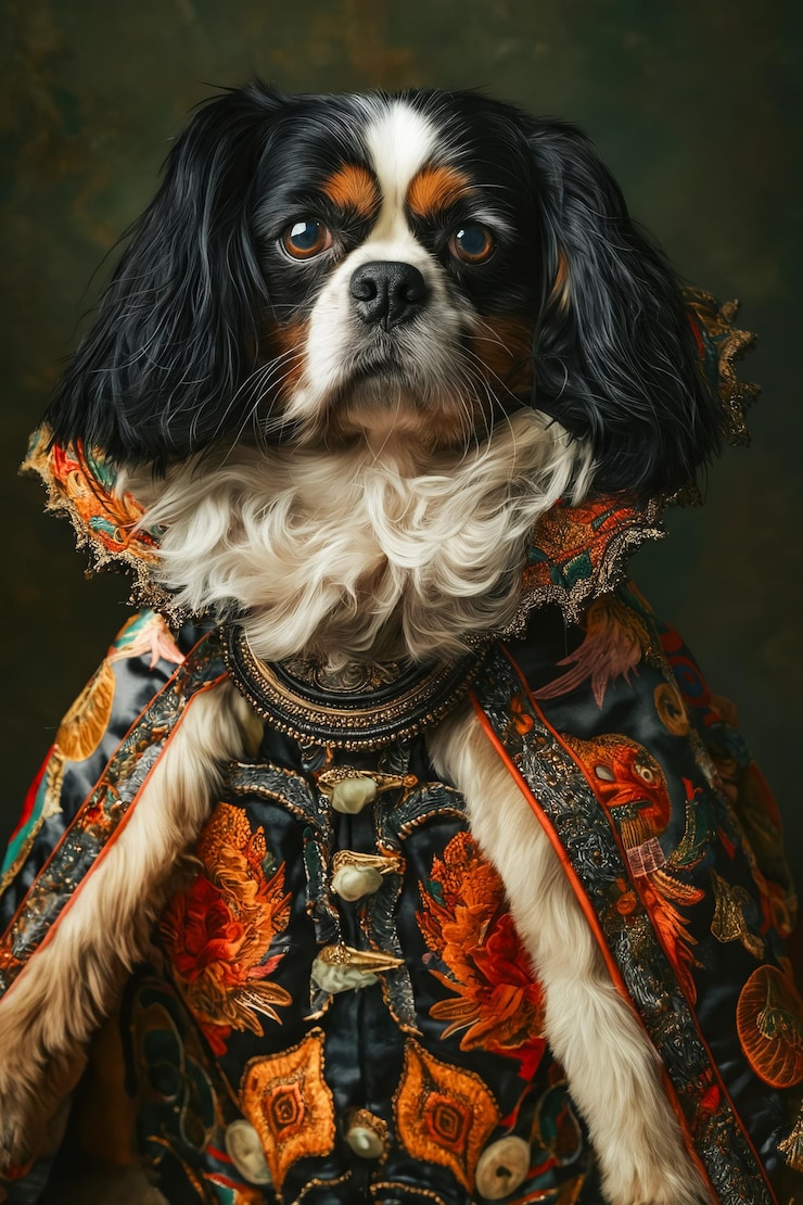 Photo a dog dressed up in a costume with a collar and a necklace