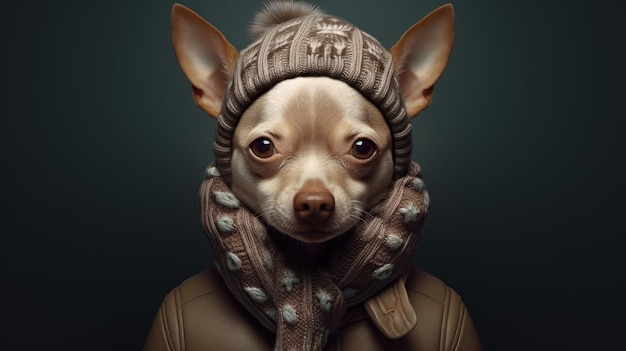 a dog dressed in winter clothes on black background