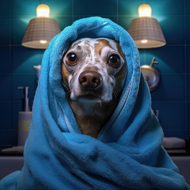 a dog dressed with a towel while wearing a spa face mask in the style of vivid portraiture