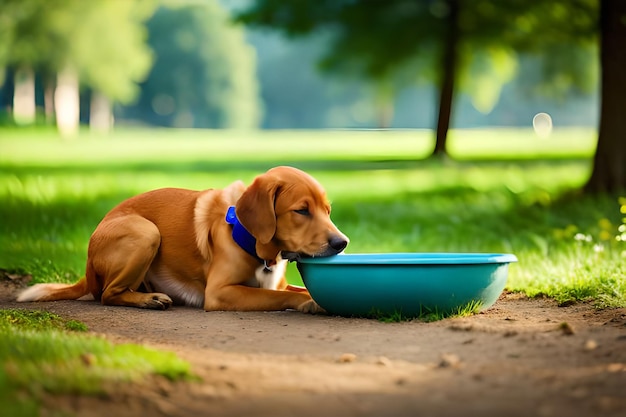 A dog drinking from a bowl