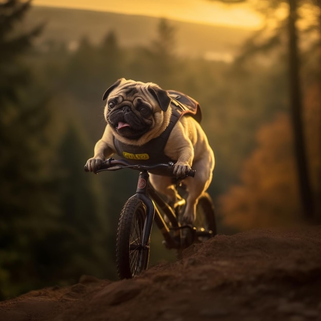 a dog drive a bicyle in the forest