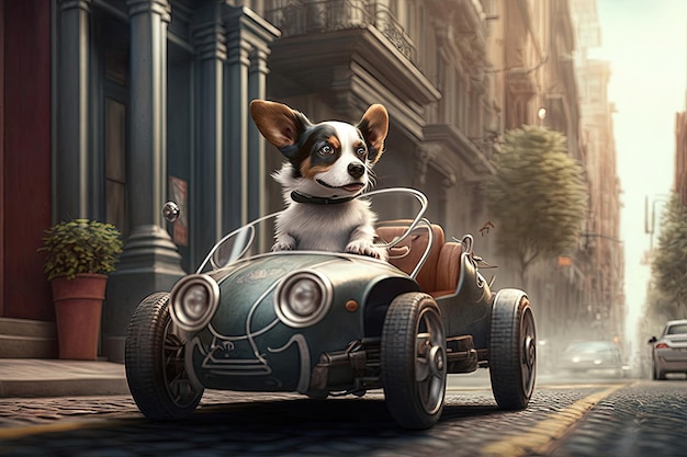 Dog drives a children's car around town Generative AI