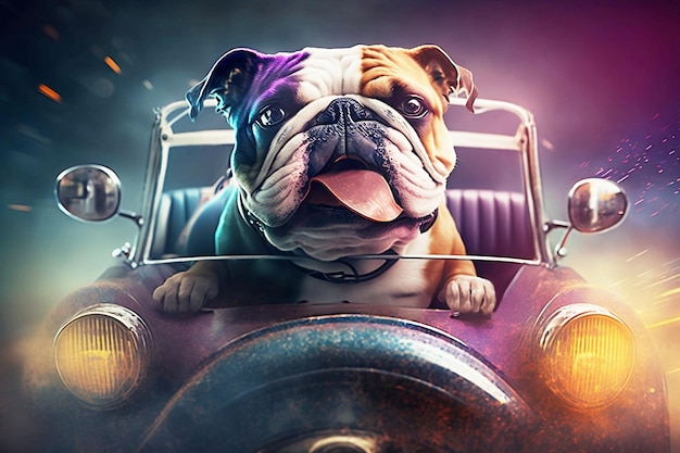 Собака за рулем автомобиля на красочном фоне