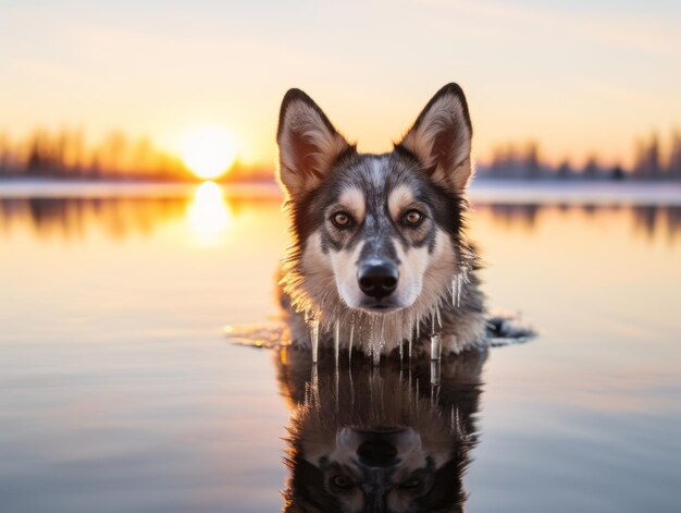 写真 冬の散歩中の犬